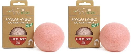Eponge Konjac Visage Naturelle - Nettoie et Purifie - Démaquille le Visage en Douceur - Eponge Visage Konjac Fleur de Cerisier Exfoliante - Routine Beauté, Skincare, Douche - Feel Natural (Lot de 2)