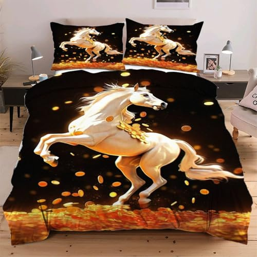 Fotmung Housse de Couette 240x260 cm Animal Cheval, Ensemble de Linge de Lit 3 Pièces, Résistant à l'usure et avec Sangles aux 4 Coins pour Fixer la Couette, Évite Le Glissement W254