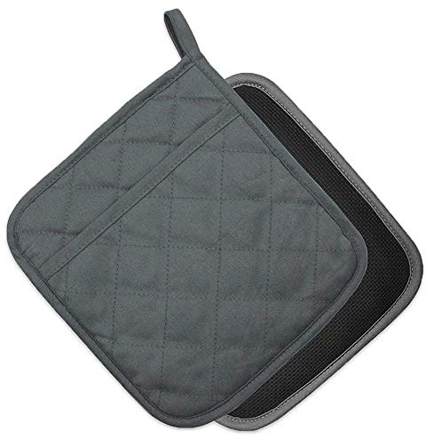 YEKOO Ofen- und Topflappen aus Baumwolle und Neopren, mit Tasche, 20,3 x 21,6 cm, Doppelfunktions-Hotpad-Set für Finger, Hand, Handgelenkschutz, hitzebeständig bis 220 °C, Grau
