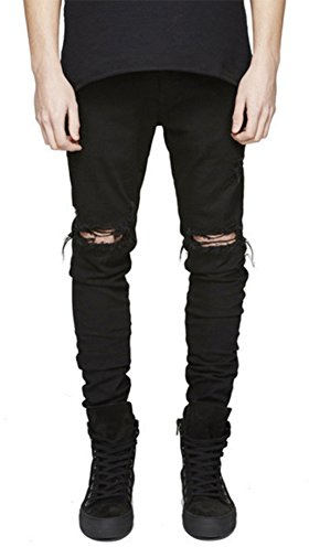LONGBIDA Men's Slim Fit Ripped Stretch Skinny Jeans for Men, Distressed Tapered Leg Fashion Pants, Black, 34