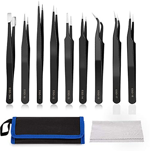 YHYZ Precision Tweezers Set (9pcs), for Craft DIY Jewelry Watch, Anti-Static ESD Stainless Steel Tweezers Kit for Electronics, Sodlering, Laboratory Work (Version 1)