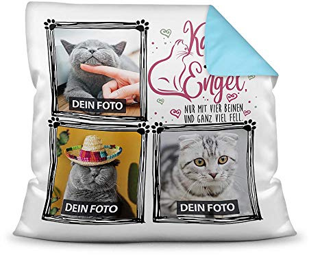 Print Royal Kissen inkl. Füllung mit Spruch - Katzen sind wie Engel - zum selbst Gestalten mit DREI Wunschfotos für den Katzenfreund, Farbkissen Rückseite Hellblau, 40 x 40 cm