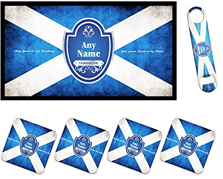 Personalised Scotland Flag Gifts Scottish Bar Runner Mat, Matching Bottle Opener & 4 x Drinks Coasters Gift Set|Beer Gifts Home Bar Accessories for Pub Bars Man Cave Him Her|BRS-A252|ADD ANY NAME/TEXT