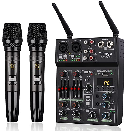 Professional Audio Mixer With Dual Wireless Microphone, Sound Board Console System Interface 4 Channel Dj Mixer USB Bluetooth MP3 Computer Input 48V Phantom Power, Suitable for DJ Karaoke PC Guitar