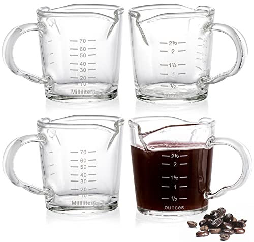 Hacaroa Paquete de 4 vasos medidores de doble boquilla para café expreso con asa, mini jarra triple de leche de 2.5 onzas, tazas graduadas transparentes para café, vino, bar, fiesta