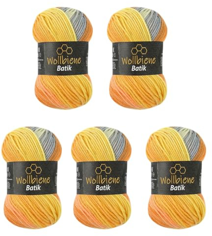 5 x 100g Wollbiene Batik 500 Gramm Wolle mit Farbverlauf mehrfarbig Multicolor Strickwolle Häkelwolle (5030 grau orange gelb)