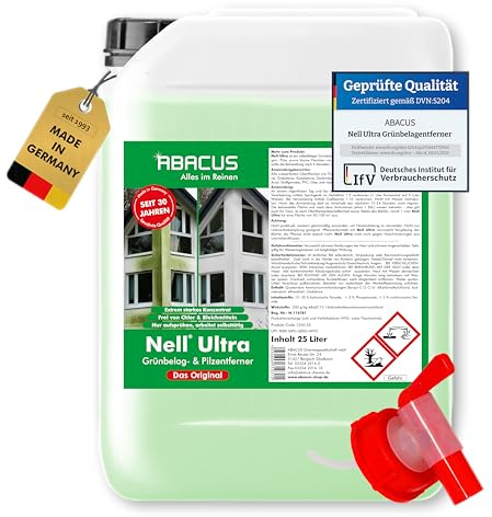 ABACUS® Nell Ultra Grünbelagentferner & Algenentferner Konzentrat, extrem stark! Entfernt Grünbelag & Algen selbsttätig ohne zu Schrubben – für Stein, Fassade, Terrasse, Dach – Nell Ultra 25 Liter
