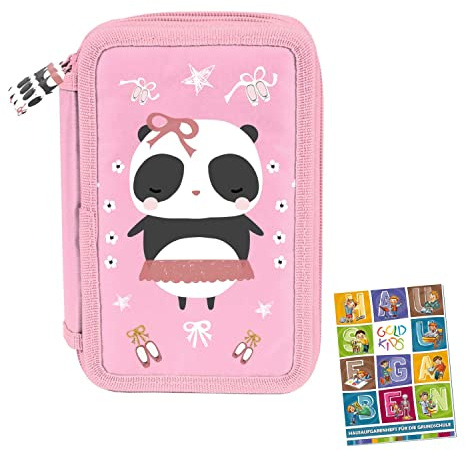 Goldkids Federtasche Panda 3-fache Federmappe Federmäppchen 45-teilig gefüllte Schüleretui Stifte und Pinsel inkl. Aufgabenheft Federbox Etui Stiftetasche Schlamper-Etui Schul-Etui