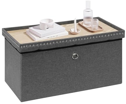 Bonlife Folding Storage Bench, Large Ottoman Coffee Table with Tray, 76cm | Window Bench Seat with Rivet, Easy Assembly, Large Footstool for Living Room, Footrest Stool, Grey, Linen, 80x40x40cm