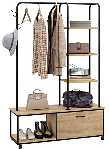 eSituro Perchero Ropa con 5 Estantes y Zapatero Industrial con Rueadas, para Entrada Recibidor con 3 Ganchos y 1 Armario con Puerta, Madera+Acero, Roble Claro + Negro