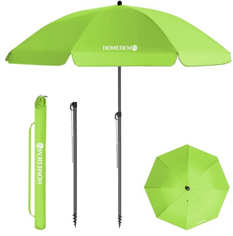 HOMEDEMO Parasol Plage Inclinable avec Revêtement Argenté, Protection Solaire UV50+, avec Pied d'Ancrage à Visser & Housse de Protection, pour Terrasse, Piscine, Marché, 180cm, Vert Pomme