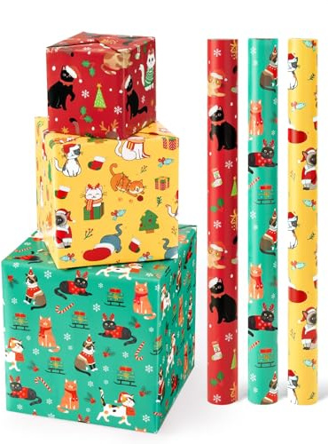 WERNNSAI Weihnachts Geschenkpapierrollen – 3 Rollen 43 cm x 3 m Weihnachtskatzen Geschenkpapierrollen Kätzchen Weihnachtsgeschenkpapier Mädchen Geschenkpapierrollen Weihnachts Katze Geschenkpapier | Weihnachtskatzen Geschenkpapierrollen für Mädchen und Kinder, Kätzchen Weihnachtsgeschenkpapier, Katze Geschenk Deko