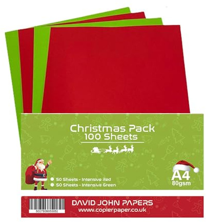 DJP A4 farbiges Weihnachtspapier, 80 g/m², intensives Rot und intensives Grün, 100 Blatt (je 50 Stück)