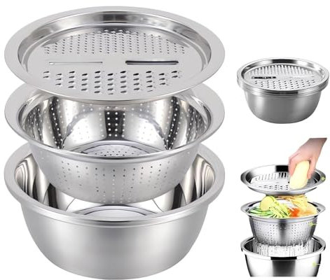 Deutschland Multifunktions-Edelstahlbecken mit Reibe, Salatschleuder Obst-Gemüse-Reis-Waschsieb Korb Schüssel, Reisspüler Lebensmittel-Reiben, Reibe-Sieb (26mm)