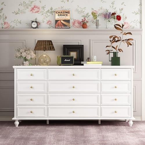 PREMTURE Kommode weiß mit 12 Schubladen，Schrank, Sideboard, Mehrzweckschrank, Kommodenschrank, für Wohnzimmer, Schlafzimmer, Flur, Mehr Stauraum, MDF, 160 x 40 x 80 cm