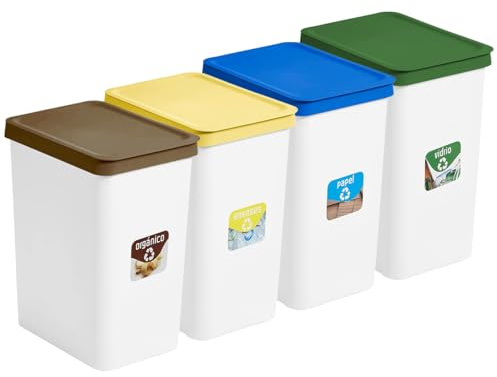 Dekohome Cubo de Basura para Cocina de Plástico Resistente, Pack Completo 4 Cubos, 28L, Cubos de Basura Reciclaje, Amarillo, Azul, Verde y Marrón