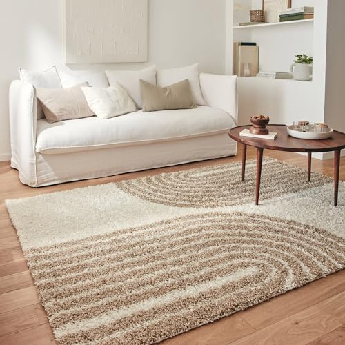 Nazar Alfombra moderna Shaggy, Crema, Marrón, Pelo Largo, Patrón Geométrico, Alfombra Salón, Alfombra Arco (1069 Beige, 120x160 cm)