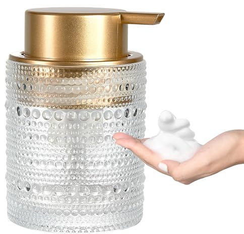 MKLZ Dispenser di sapone schiumogeno in vetro da 350 ml con pompa dorata, bottiglie di sapone liquido trasparenti ricaricabili per bagno, contenitore decorativo carino per lozione per sapone per
