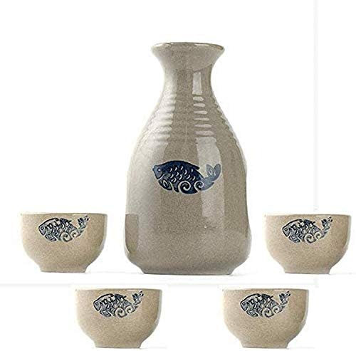 SACIKIKI Artisanat Traditionnel en céramique de 5 pièces, série de vins à Motif de Poisson Peint à la Main, idéal pour Le saké