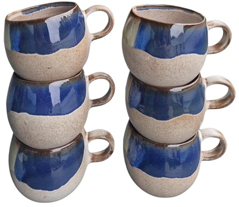PintoCer - Set 6 Tassen mit Henkel, Kaffeetassen, 500ml Becher, Handfertigung, Farbe Blau Grau, Steingut-Keramik, ideal für Milch, Tee und Schokolade, Spülmaschinenfest, Mikrowellengeeignet