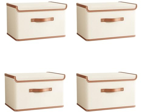 Tuza 4 Pack Storage Bins with Lids, Collapsible Closet Organizer Container, Fabric Organizer Box with Handles, Decorative Storage Boxes with Lids for Organizing Clothes, Books, File, White, Large