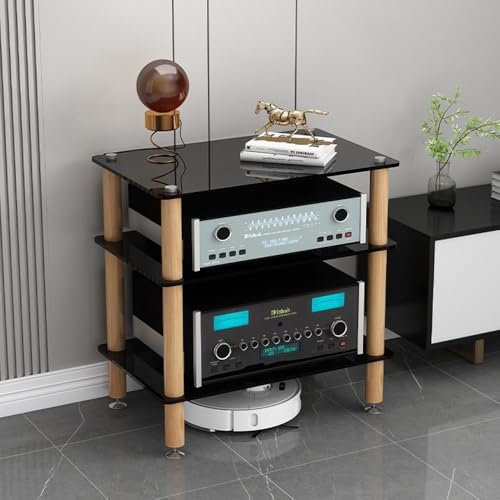 HAEKEBC 3/4-stufige HiFi-Racks AV-Medienständer HiFi-Audioschrank Regale Aus Gehärtetem Glas Stoßdämpfende Beine Aus Massivem Holz Für Audio Rack Schränke(Black,3 Tier)