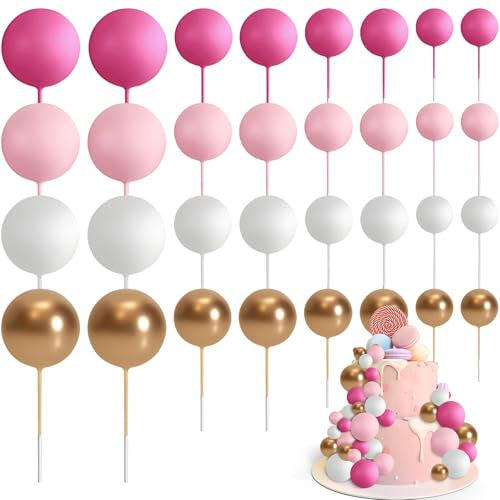 OEEYYT Lot de 32 boules de décoration de gâteau d'anniversaire pour mariage, fête, décoration de gâteau (rose, blanc, doré)
