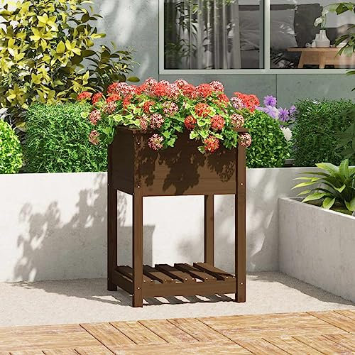WIFESE Jardinière Surélevée Exterieur avec Une Étagère Marron Bois de Pin Massif 54x54x81 cm Bac Jardiniere Balcon Hauteur de Travail Ergonomique Optimale Pot de Salon Espace Ample
