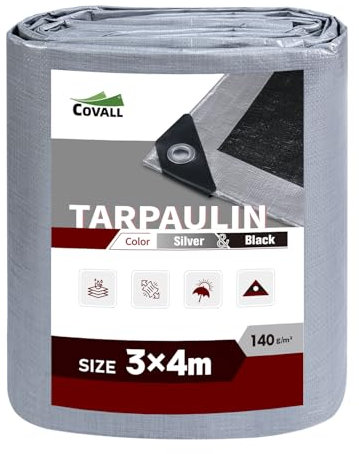Covall Bâche Imperméable Bâches de Protection en Polyéthylène 140g/m² Robuste 3x4m Étanche Renforcé Trou Soudé Résistant à la déchirure Toit Polyvalent Pool Truck RV Camping Tente Jardin Argent/Noir.