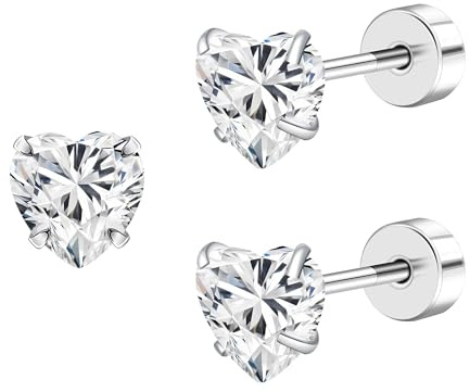 FACOKO Damen-Ohrstecker mit flacher Rückseite 4 mm und 5 mm Zirkonia Herz-/Quadrat-/Sternform hypoallergen Titan ohrring geschenkfertig