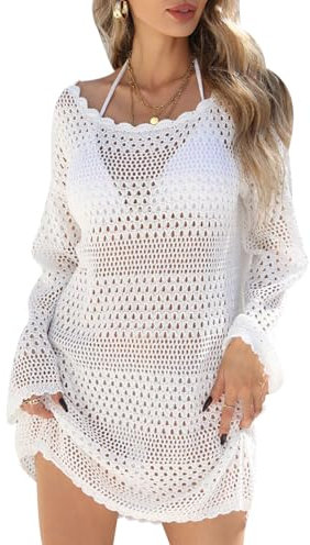 Mujer Bikini Cover Up Crochet Manga Larga Vestido de Rejilla Playa Cubre Traje de Baño Tunica Vestido de Playa con Agujeros