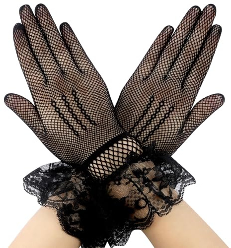 Damen Spitzenhandschuhe Schwarz Kurze,1PCS Romantische Florale Spitzenhandschuhe,Für Hochzeit Diner Tea Party Cosplay Oper Abend Party Kostüm Zubehör,Abschlussball,Sommer Brauthandschuhe,Halloween