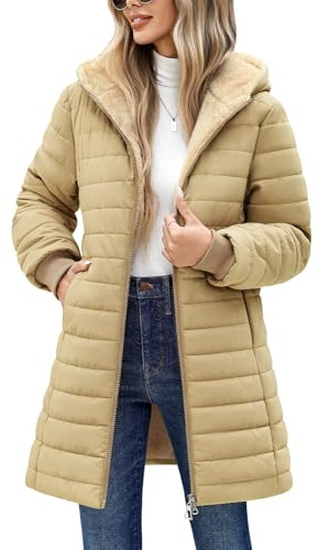 Tuopuda Womens Winter Coat Fleece Jackets Slim Fit Sherpa Lined Jacket Lightweight Quilted Hooded Jackets Zip Up Long Coat Warm Fall Winter Outwear(Khaki,M)