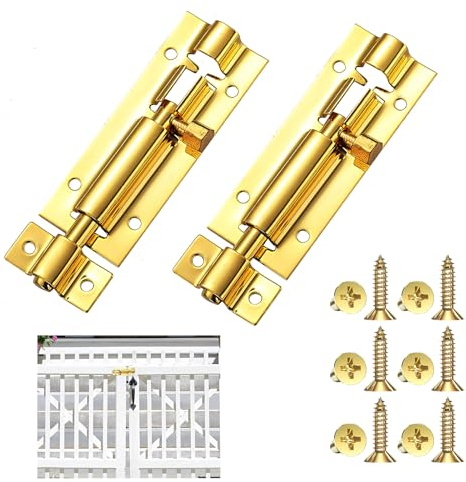 RTDHO 2 Pack Brass Bolt Lock Door Bolts 3 Inch,Door Security Slide Latch | with Stainless Steel Screws Tower Bolt Lock for Internal Doors Bathroom Shed Fence Cabinets Windows (Gold)