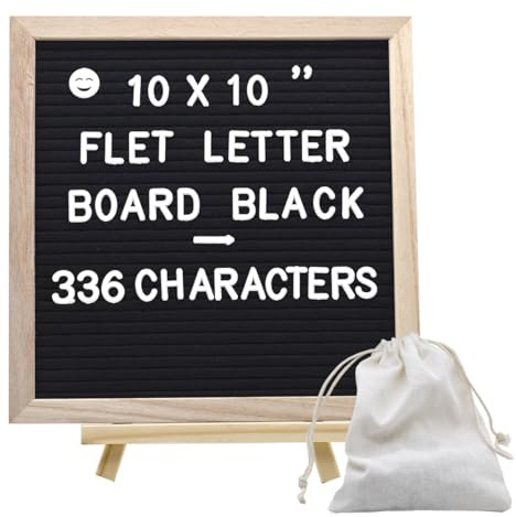 INTOMYTH Felt Letter Board with 336 Letters, Storage Bag and Stand, First Day of School Board, 10x10 Inches, Changeable Message Board with Wooden Frame and Wall Mount Hook (Black)