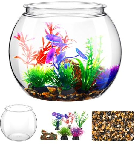 Yiyiring 1 Gallon Plastic Betta Fish Bowl with 6 Pcs Artificial Plastic Plants and 500g Decorative Gravel, Betta Fish Tank and Decoration Accessories Small Large Bowl Ornaments Starter Kit