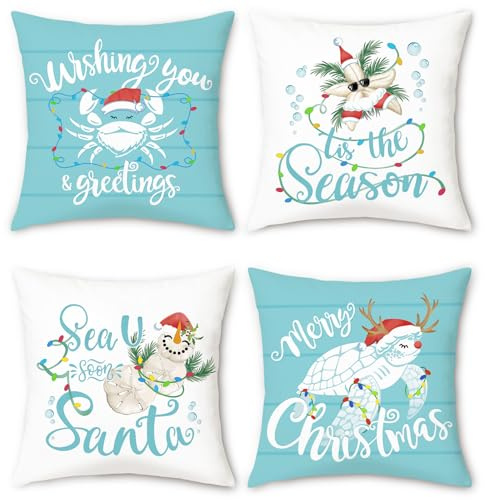 Bonhause 4er Set Türkis Kissenbezug Weihnachten Küsten 45 x 45 cm Schildkröte Krebs Seestern Blau Dekorative Kissenhülle für Sofa Zuhause Dekoration Weihnachten Kissenbezüge