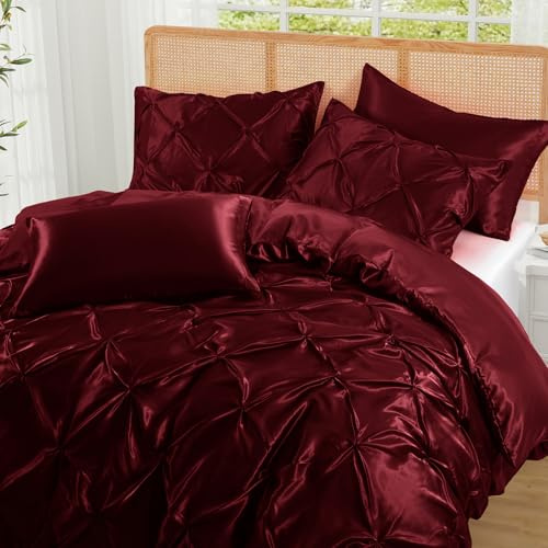 P Pothuiny 5 Pieces Satin Pintuck Duvet Cover Set, Silky Like Burgundy Pinch Pleat Duvet Cover Full/Queen Size Luxury Bedding Set with Corner Ties, 2 Pillow Shams + 2 Pillowcases (No Comforter)