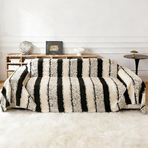 Malloom Chenille Sofa Cover and Couch Cover with Tassels, Reversible Slipcover for L-Shaped Sectional, 2 3 4 Seater Sofa, Pet-Friendly Striped Design (180 x 380 cm)