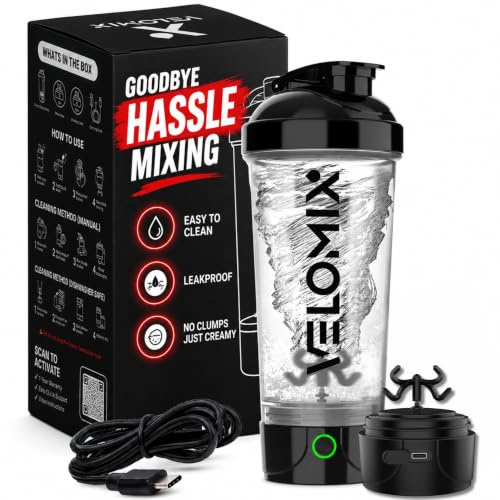 VELOMIX Electric Protein Shaker Bottle - 24 oz | USB-C Rechargeable | Leak Proof Shaker Cups for Protein Shakes | Portable Blender for Shakes and Smoothies (Electric-Transparent)