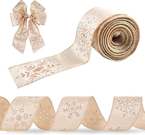 Weihnachtsband mit Draht, Champagnergold Band mit Schneeflocke, 6.3CM Breit Geschenkband Weihnachtsband für Weihnachtsbaum, Geschenk Verpackung, DIY Handwerk, Girlande, Schleife, Party (4.57M)