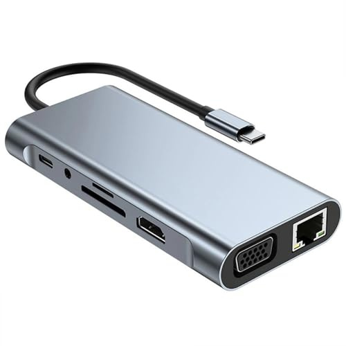 Hub USB C 11 en 1, 2 núcleos, salida de HDTV 4K, puerto Ethernet RJ45, puerto Ethernet para Ultrabook y dispositivos compatibles con tipo VGA, hub USB de aluminio con puerto VGA