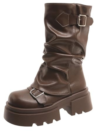 Bailey Xingqi Bottes Femme Mi-Mollet à Bout Rond Slouchy Moto avec Talon Plateforme pour Automne Large Mollet Brun Taille 36