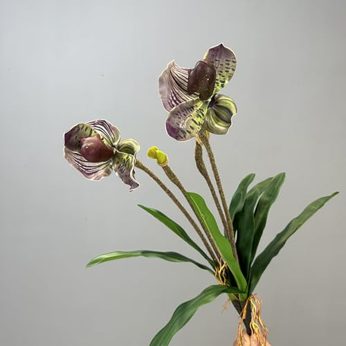 Künstliche Pflanzen, 2 Stück, 48 cm (18,9 Zoll) große Frauenschuh-Orchidee, realistische lila PU-Seide, täuschend echt wirkende künstliche Frauenschuh