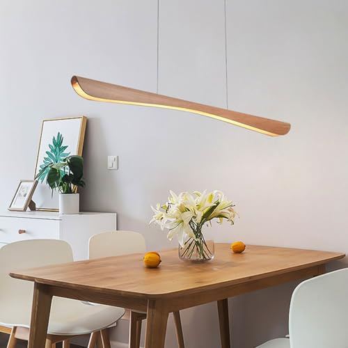 Pendelleuchte Esstisch Holz Dimmbar, Moderne LED Hängeleuchte mit Fernbedienung, Linear Design Hängelampe Esstisch Holz Höhenverstellbar Esstischlampe Hängend für Büro Esszimmer Küchenlampe (120cm)
