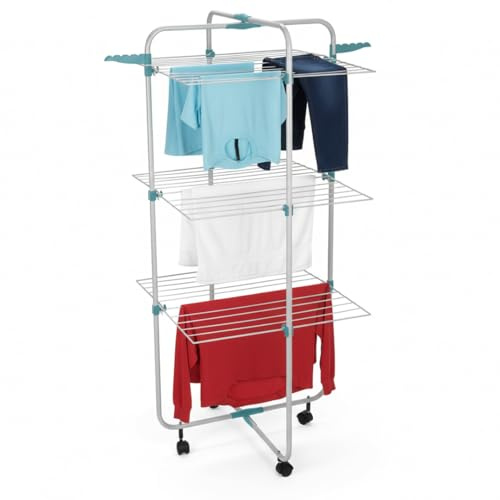 Mundo Home Tendedero Vertical Plegable 30M 3 Niveles con Ruedas 61×71×135cm - Tendedero de Pie Plegable de Acero para Interior y Exterior - Tenderetes de Ropa Plegables Que Ahorra Espacio y Tiempo