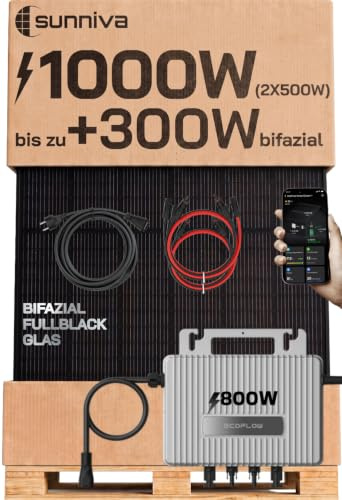 SUNNIVA® 1000W Balkonkraftwerk BIFAZIAL FULLBLACK komplett Steckdose ECOFLOW 800 Watt Wechselrichter, Solaranlage Komplettset, 2x 500W N-Type Glas Bifacial Solarmodule, 5m Kabel, 4x 1m Solarkabel