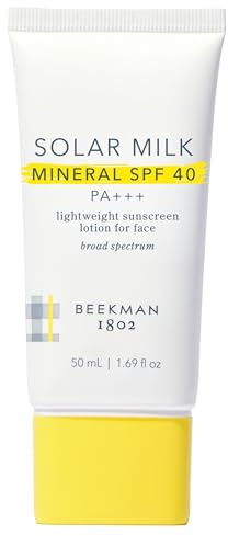Beekman 1802 Solar Milk Mineral Sunscreen SPF 40 PA+++, Lightweight Zinc Oxide Face Sunscreen, Broad Spectrum UVA/UVB Protection, Non Greasy, Fragrance Free, 1.69 fl oz