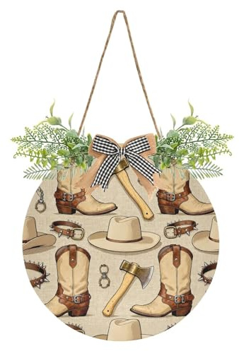 FFYHO Cowboy Boots Hats and Axes Door Wreaths for Front Door Outside, Round Hanging Signs for Home Decor Holiday Porch Wall Farmhouse Indoor Outdoor Decorations
