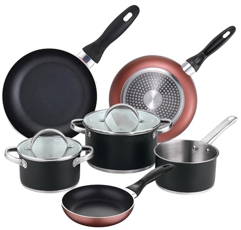 Batería de cocina 5 piezas: Ø16 Ø20 y Ø24 cm en acero inoxidable con tapas + Juego de sartenes Ø16 Ø20 Ø24 aluminio prensado, inducción